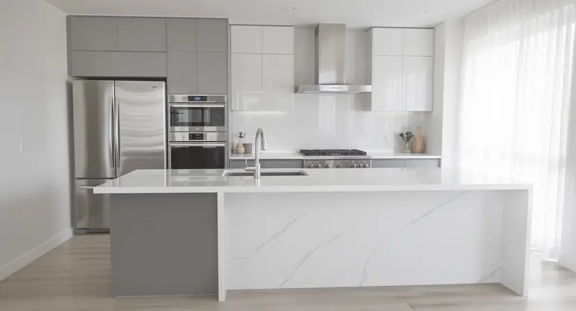 Cuisine moderne avec plan de travail rénové et design élégant