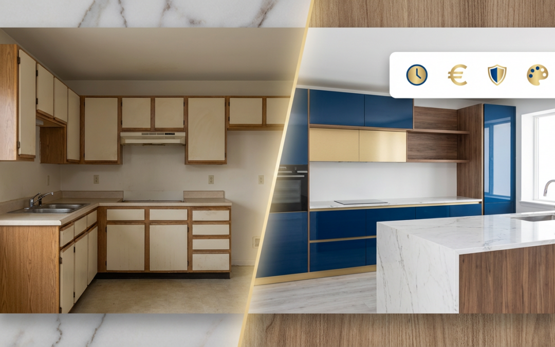 Cuisine modernisée grâce au covering intérieur avec façades bois et plan de travail marbre